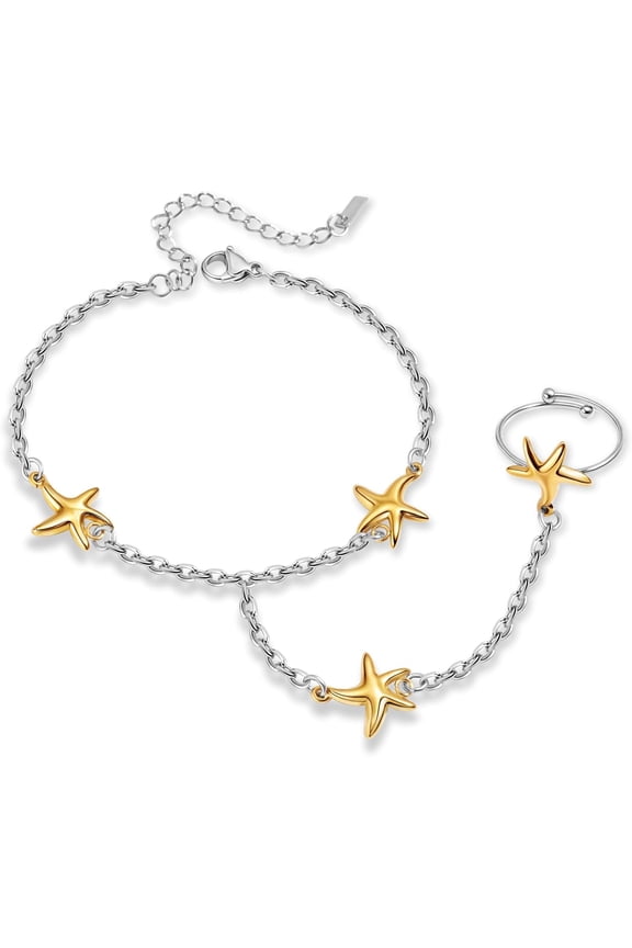 18K Gold Plated Hand Chain Bracelet for Women, Dainty Adjustable Finger Ring Bracelets Stainless Steel Non-Tarnish Trendy Stackable Jewelry Gift