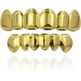 thumbnail image 1 of 18K Gold Plated Hip Hop Removeable Mouth Grillz Set Removeable Fake Teeth Set Top and Bottom Dentur Teeth Flat Fake Teeth Set, 1 of 7