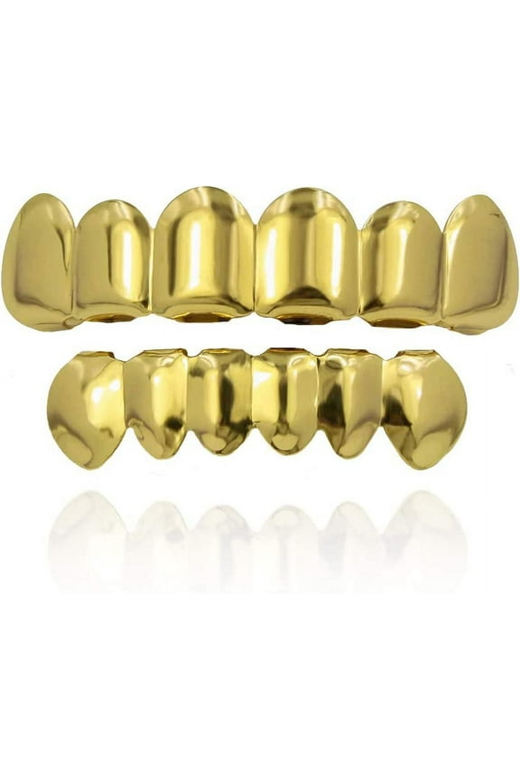 18K Gold Plated Hip Hop Removeable Mouth Grillz Set Removeable Fake Teeth Set Top and Bottom Dentur Teeth Flat Fake Teeth Set