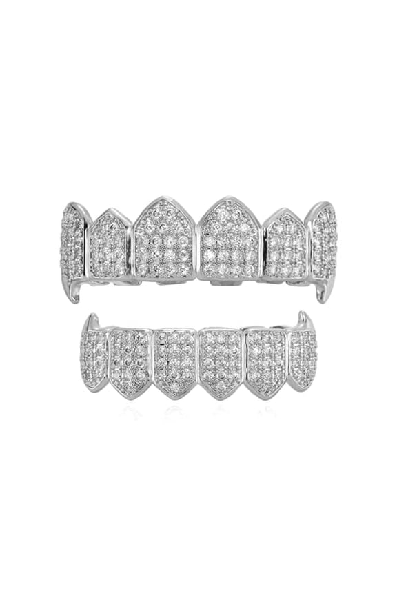 18K Gold Plated Iced Out CZ Grillz Fang Top Bottom Mouth Teeth Grills Set for Men Women