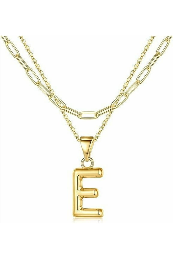18K Gold Plated Bubble Letter Necklace for Women,Layering Paperclip Chain Necklace, Letter E