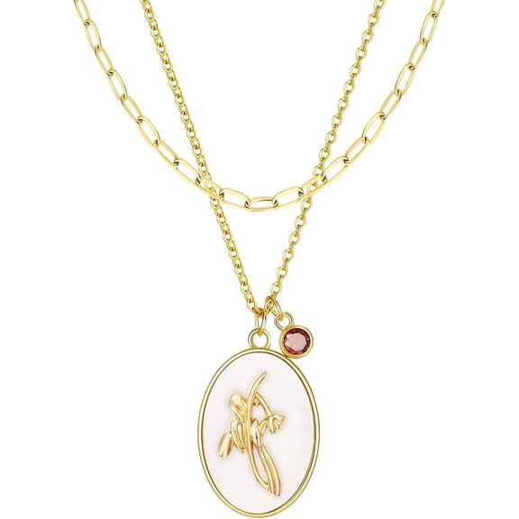 18K Gold Plated Inlaid White Shell Solid Birth Flower Pendant, Layering Choker Necklaces With Birthstone For Women[Z4416]