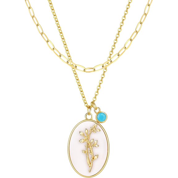 18K Gold Plated Inlaid White Shell Solid Birth Flower Pendant, Layering Choker Necklaces With Birthstone For Women[Z4418]