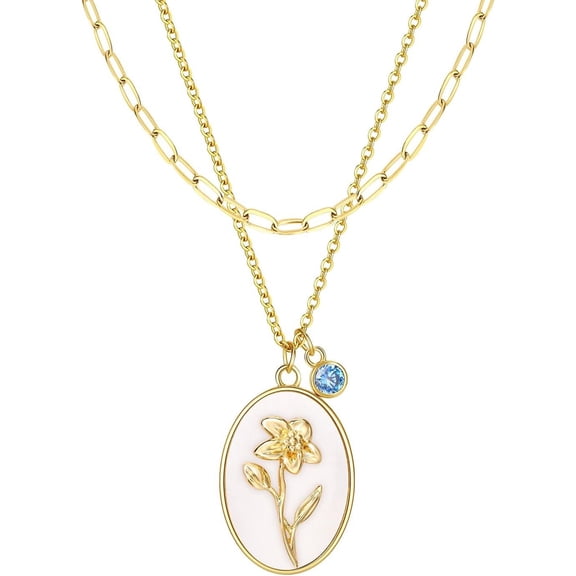 18K Gold Plated Inlaid White Shell Solid Birth Flower Pendant, Layering Choker Necklaces With Birthstone For Women[Z4419]