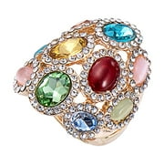 18K Gold Plated Iridescent Multi-color Gemstone Crystal Geometric Elastic Adjustable Stretchy Statement Rings for Women Cocktail Costume Jewelry