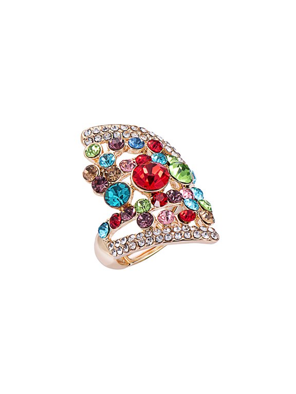 18K Gold Plated Iridescent Multi-color Gemstone Crystal Geometric Elastic Adjustable Stretchy Statement Rings for Women Cocktail Costume Jewelry