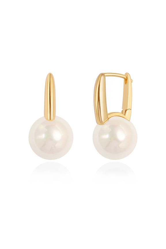 18K Gold Plated Leverback Hoop Handpicked White Round Shell Pearl Drop Dangle Earring for Women Minimalist Simulated Pearl Ear Jewelry for Wedding Bridesmaids Gift