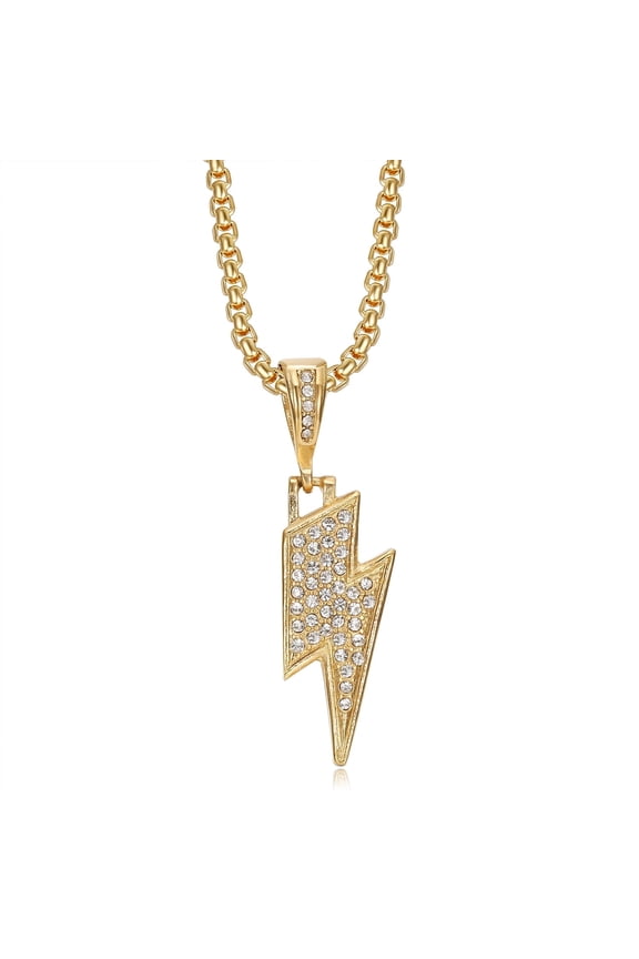 18K Gold Plated Lightning Bolt Pendant Punk Rock Stainless Steel Necklace for Men Women, 24 Inch Chain Hip Hop Jewelry Gift