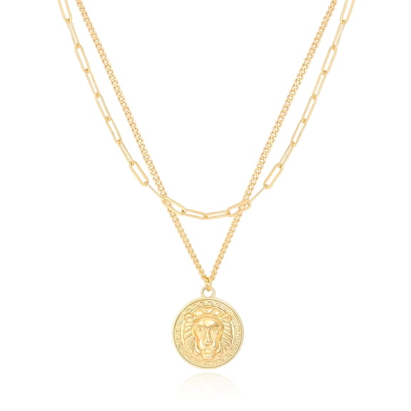 18K Gold Plated Lion Medallion Pendant Necklace 3D Lion Head Paper Clip  Cuban Chain Choker Layering Necklace Sets for Women Round Circle Disk Statement Jewelry 18’’