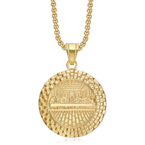 18K Gold Plated Lord's Supper Pendant Stainless Steel Necklace for Men Women, The Last Supper Jesus with His Disciples 24 Inch Chain Christian Prayer Jewelry Gift