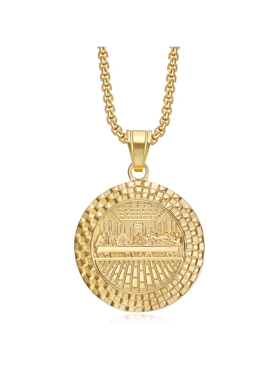 18K Gold Plated Lord's Supper Pendant Stainless Steel Necklace for Men Women, The Last Supper Jesus with His Disciples 24 Inch Chain Christian Prayer Jewelry Gift