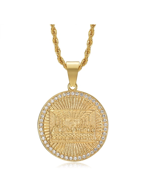 18K Gold Plated Lord's Supper Pendant Stainless Steel Necklace for Men Women, The Last Supper Jesus with His Disciples 24 Inch Rope Chain Christian Prayer Jewelry Gift