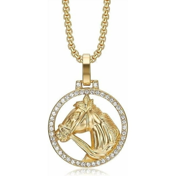 18K Gold Plated Lucky Horse Pendant Punk Rock Stainless Steel Necklace for Men Women, 24 Inch Chain Hip Hop Party Jewelry Animal Gift