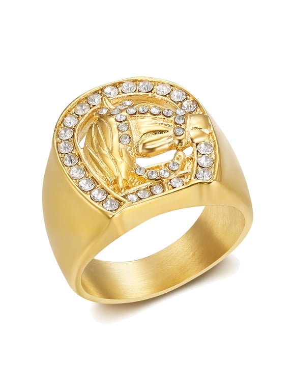 18K Gold Plated Lucky Horse Punk Rock Stainless Steel Ring for Men, Horseshoe Party Jewelry Gift
