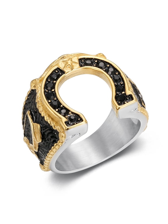 18K Gold Plated Lucky Horseshoe Punk Rock Stainless Steel Ring for Men