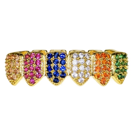 18K Gold Plated Multi-Color Grillz Bottom Row CZ Bling Rainbow Colors Hip Hop Rapper Teeth Grills