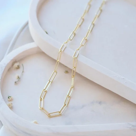 18K Gold Plated Paperclip Chain 925 Sterling Silver Men & Women Necklace 16"
