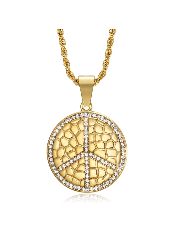 18K Gold Plated Peace Symbol Pendant Punk Rock Stainless Steel Necklace, 24 Inch Chain 60's 70's for Men Women Hippy Jewelry