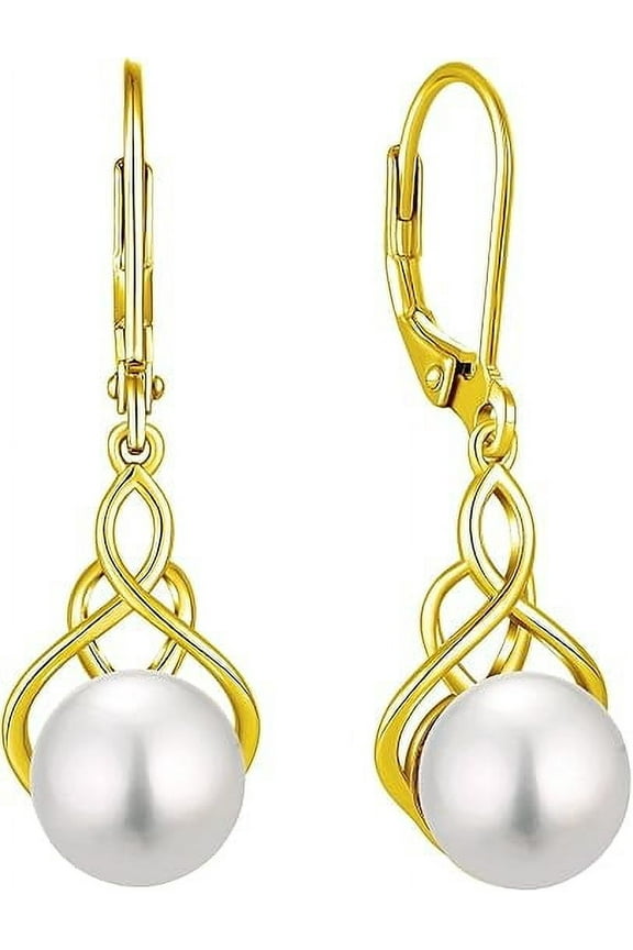 18K Gold Plated Pearl Earrings, 925 Sterling Silver Good Luck Irish Celtic Knot Dangle Earrings, 9MM Freshwater Cultured Pearl Leverback Dangle Earrings Celtic Jewelry Gift for Women