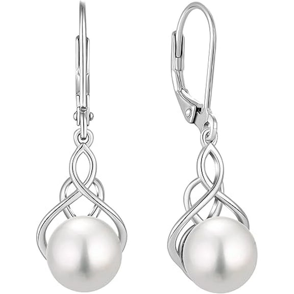 18K Gold Plated Pearl Earrings, 925 Sterling Silver Good Luck Irish Celtic Knot Dangle Earrings, 9MM Freshwater Cultured Pearl Leverback Dangle Earrings Celtic Jewelry Gift for Women