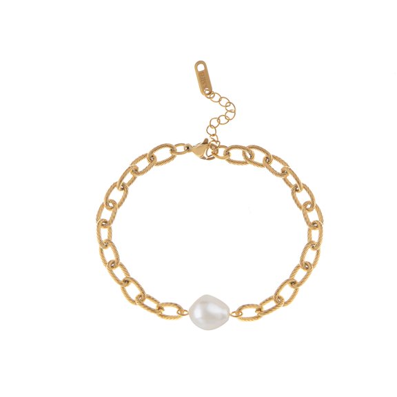 18K Gold Plated Pearl Link Bracelet - Stainless Steel Pearl Bead Chain Bracelet Boho Chic Jewelry for Valentine's Day Birthdays - Gold