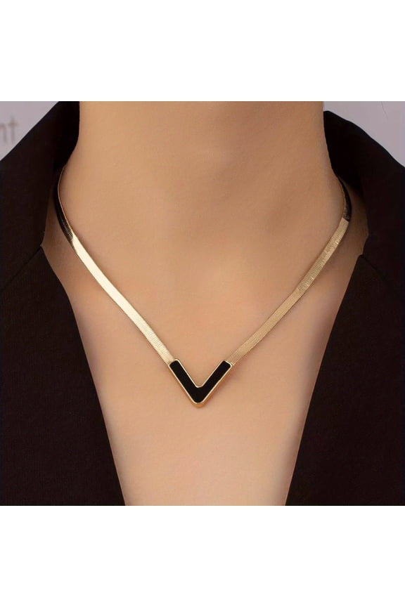 18K Gold Plated Personality V-Shaped Pendant Necklace Simple Style Jewelry Gift Women's Accessories,Black