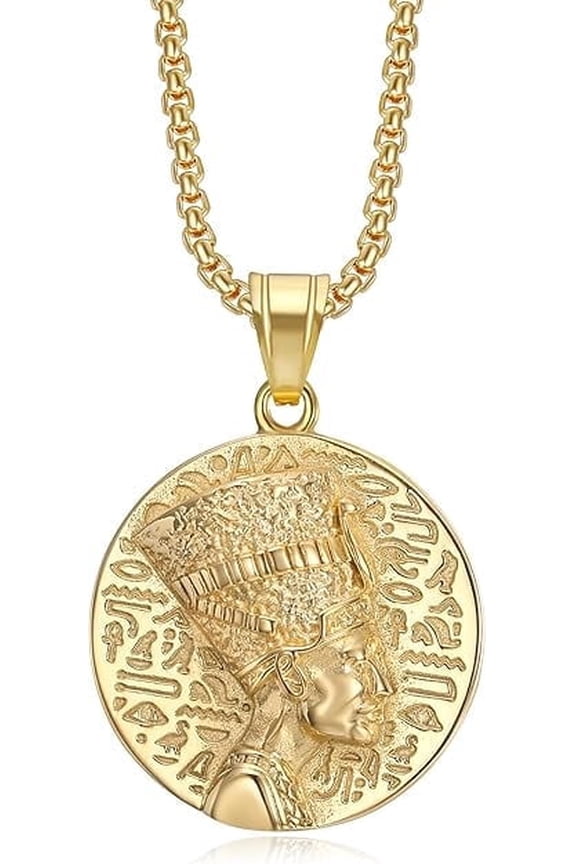 18K Gold Plated Pharaoh Egyptian Pendant Stainless Steel Necklace, 24 Inch Chain Jewelry for Men Women