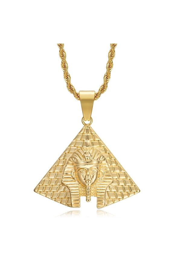 18K Gold Plated Pharaoh On Pyramid Egyptian Pendant Stainless Steel Necklace, 24 Inch Rope Chain Ancient Egypt Jewelry for Men Women