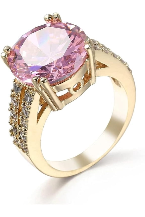18K Gold Plated Pink Synthetic Cushion Cut 5ct Zircon Ring 5A Inlaid Cubic Zirconia Rings CZ Diamond Two Row Ring Eternity Engagement Wedding Band Ring Cocktail Ring Gift for Women ST.198 (6)