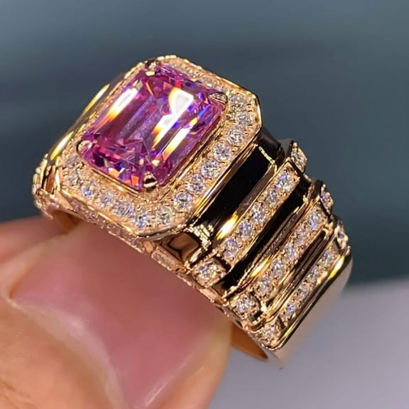 18K Gold Plated Princess Cut Pink Crystal Silver Ring with AAA White Cubic Zirconia Golden Square Diamond Colored Gemstone Promise Ring  Eternity Engagement Wedding Band Ring for Women Size 6-10（6）