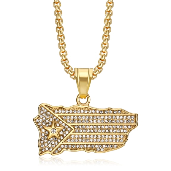 18K Gold Plated Puerto Rico Flag Map Pendant 24'' Chain Punk Rock Hip Hop Stainless Steel Necklace for Men Women