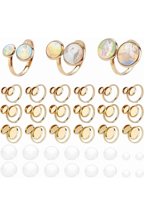 18K Gold Plated Ring Blanks 18pcs Ring Bases Open Cuff Blank Rings 304 Stainless Steel Flat Round Ring Bezel Trays with 36pcs 4 Sizes Glass Cabochons for Ring Jewelry Making 6/8/10/12mm diy