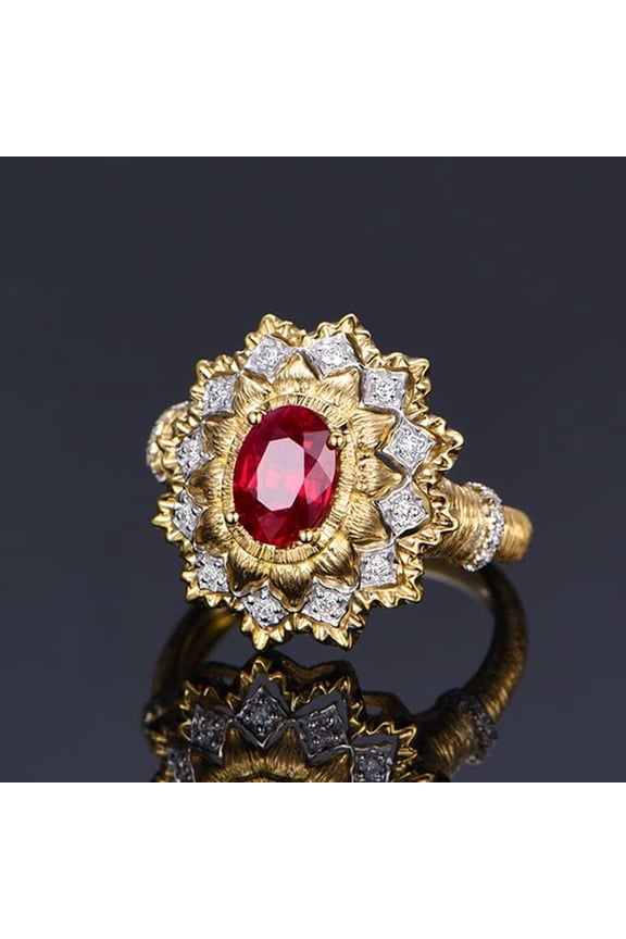 18K Gold Plated Ring for Women Cubic Zirconia Crystal Vintage Statement Exaggerated Cocktail Two-Tone Red Diamond Handmade Adjustable Ring