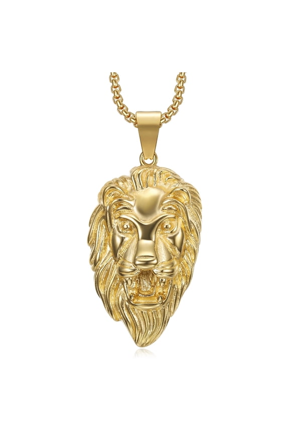 18K Gold Plated Roaring Lion Head Pendant Punk Rock Stainless Steel Necklace, 24 Inch Chain for Men Women Hip Hop Viking Animal Jewelry