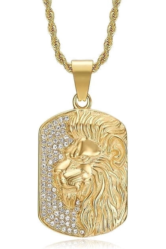 18K Gold Plated Roaring Lion Head Pendant Punk Rock Stainless Steel Necklace for Men, 24 Inch Rope Chain Hip Hop Viking Amulet Jewelry Gift