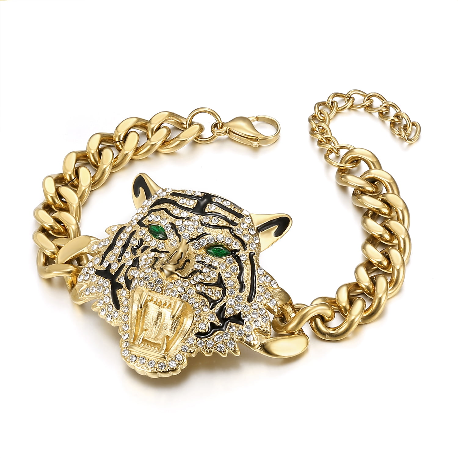 18K Gold Plated Roaring Tiger Head with Green Eyes Punk Rock Stainless ...