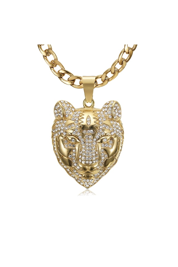 18K Gold Plated Roaring Tiger Head Pendant Punk Rock Stainless Steel Necklace, 24 Inch 7mm Chain for Men Hip Hop Animal Jewelry