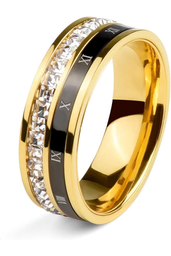 18K Gold Plated Roman Numeral Cubic Zirconia Ring for Women, Square CZ Gold Rings for Men, Spinner Silver Mens Rings Stainless Steel Size 5-13