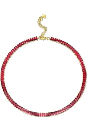 18K Gold Plated Ruby Baguette Crystal Tennis Choker Necklace for Women, Adjustable Statement Chain