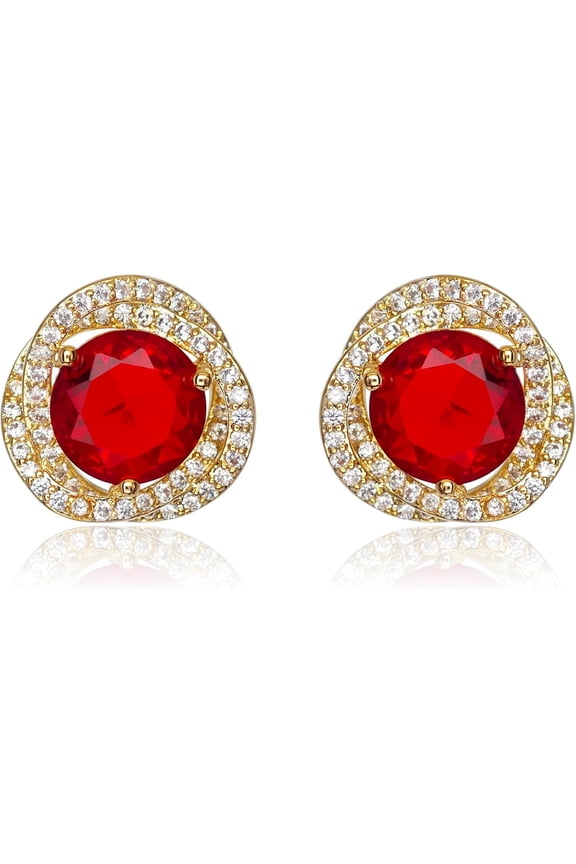 18K Gold Plated Ruby Red Stud Earrings for Women, Double Halo Cubic Zirconia Crystal Jewelry, Lightweight Hypoallergenic Earrings Gift for Girlfriend, Wife, Wedding or Birthday[p031]