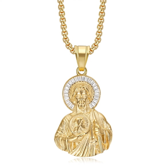 18K Gold Plated Saint Jude Pendant Stainless Steel Necklace for Men Women, 24 Inch Chain San Judas Tadeo Medalla Cadena Oro Laminado Christian Prayer Jewelry Religious Gift