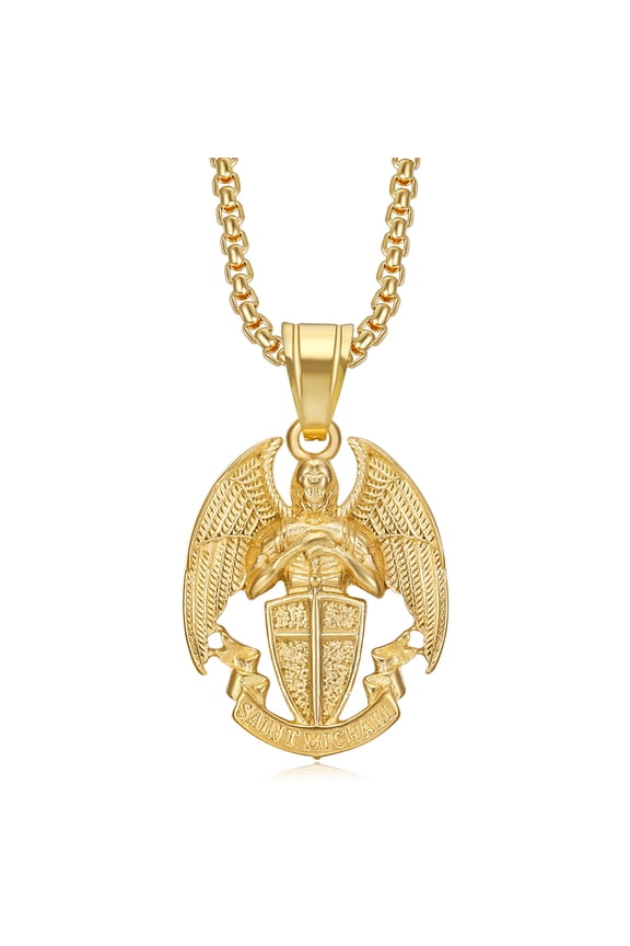 18K Gold Plated Saint Michael Pendant Stainless Steel Necklace for Men Women, 24 Inch Chain Christian Prayer Jewelry Gift