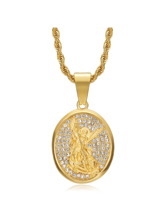 18K Gold Plated Saint Michael Pendant Stainless Steel Necklace for Men Women, 24 Inch Rope Chain Christian Prayer Jewelry Gift