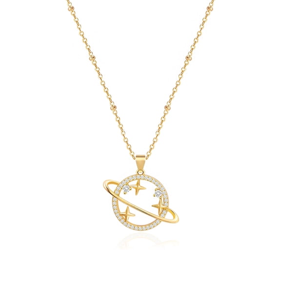 18K Gold Plated Saturn Planet Necklace Pave Cubic Zirconia Pendant Necklace Dainty Satellite Chain Jewelry for Women 20”+2”