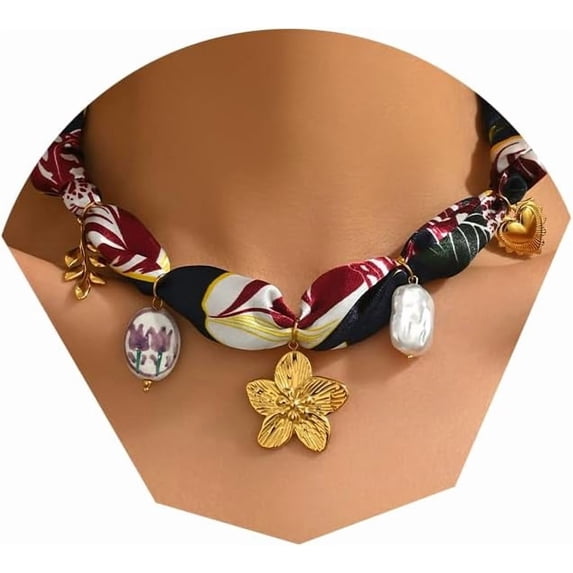 18K Gold Plated Silk Scarf Necklace for Women, Bandana Necklace with Stainless Steel Charms Choker, Vintage accessories Flower Sun Coin Butterfly Pendant Necklaces, Boho Christmas Gifts