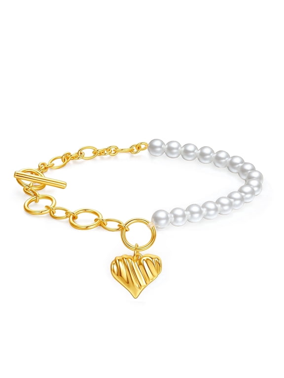 18K Gold Plated Silver & Pearl Heart Charm Bracelet with Toggle Clasp Valentine's Day Birthday & Mother's Day Gift for Women