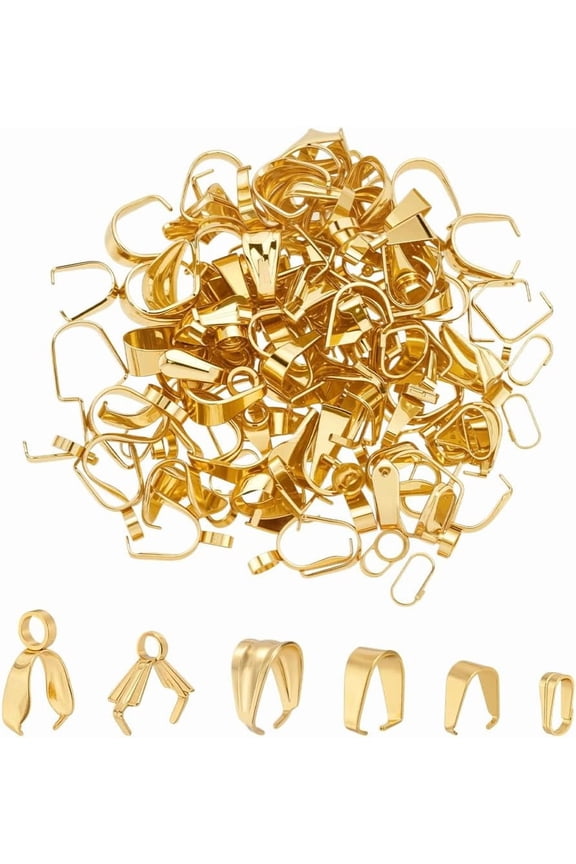 18K Gold Plated Snap on Bails 120Pcs Pendant Clasp 6 Styles Hook Pinch Clip Stainless Steel Ice Pick Pinch Bails Pendant Dangle Charms Connectors Clasps for Neckalce Jewelry Making
