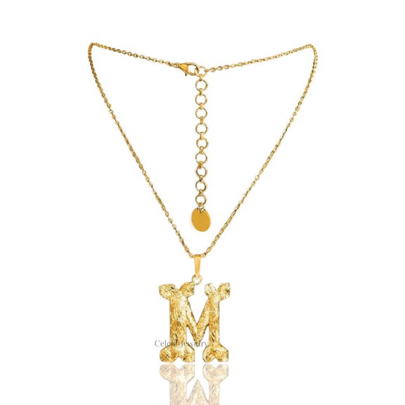 18K Gold Plated Over Solid 925 Sterling Silver Initial Scratched Texture Pendant Necklace For Men Women, Unique Handcrafted Pendant, Custom Chain Necklace (M), 16"+2" Extension