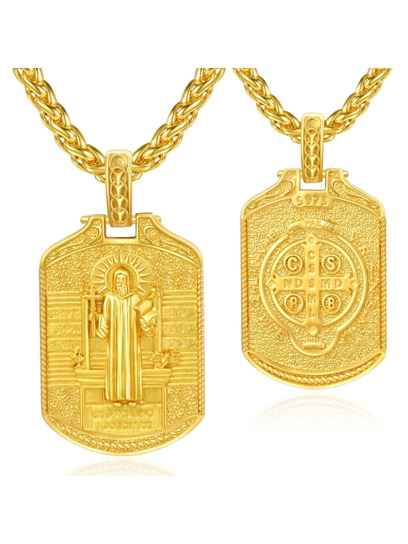 18K Gold Plated St Benedict Medal Dog Tag Necklace for Men, Catholic Saint Benedict Protection Pendant Wheat Chain Religious Faith Jewelry Gifts for Father Son Husband