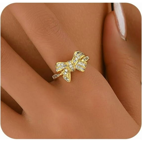 18K Gold Plated Stackable Bow Rings for Women Dainty Adjustable Open Cubic Zirconia Friendship Bow Knot Rings